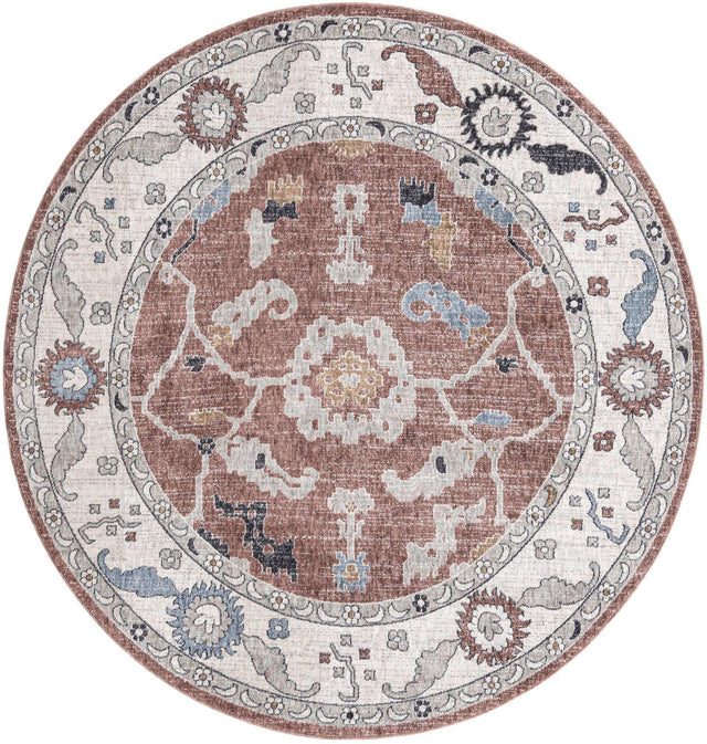 Dusty Rose 7' x 7' Eco Traditional Round Area Rug 100% Recycled Space Dyed Polyester With Cotton Backing Classic Pattern Carpet for Living, Dining, Office Space for Sale at Rug Engine