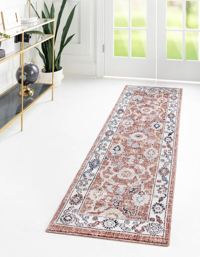 Dusty Rose 2' x 6' Eco Traditional Runner Area Rug 100% Recycled Space Dyed Polyester With Cotton Backing Classic Pattern Carpet for Living, Dining, Office Space for Sale at Rug Engine