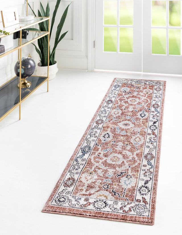 Dusty Rose 2' x 8' Eco Traditional Runner Area Rug 100% Recycled Space Dyed Polyester With Cotton Backing Classic Pattern Carpet for Living, Dining, Office Space for Sale at Rug Engine