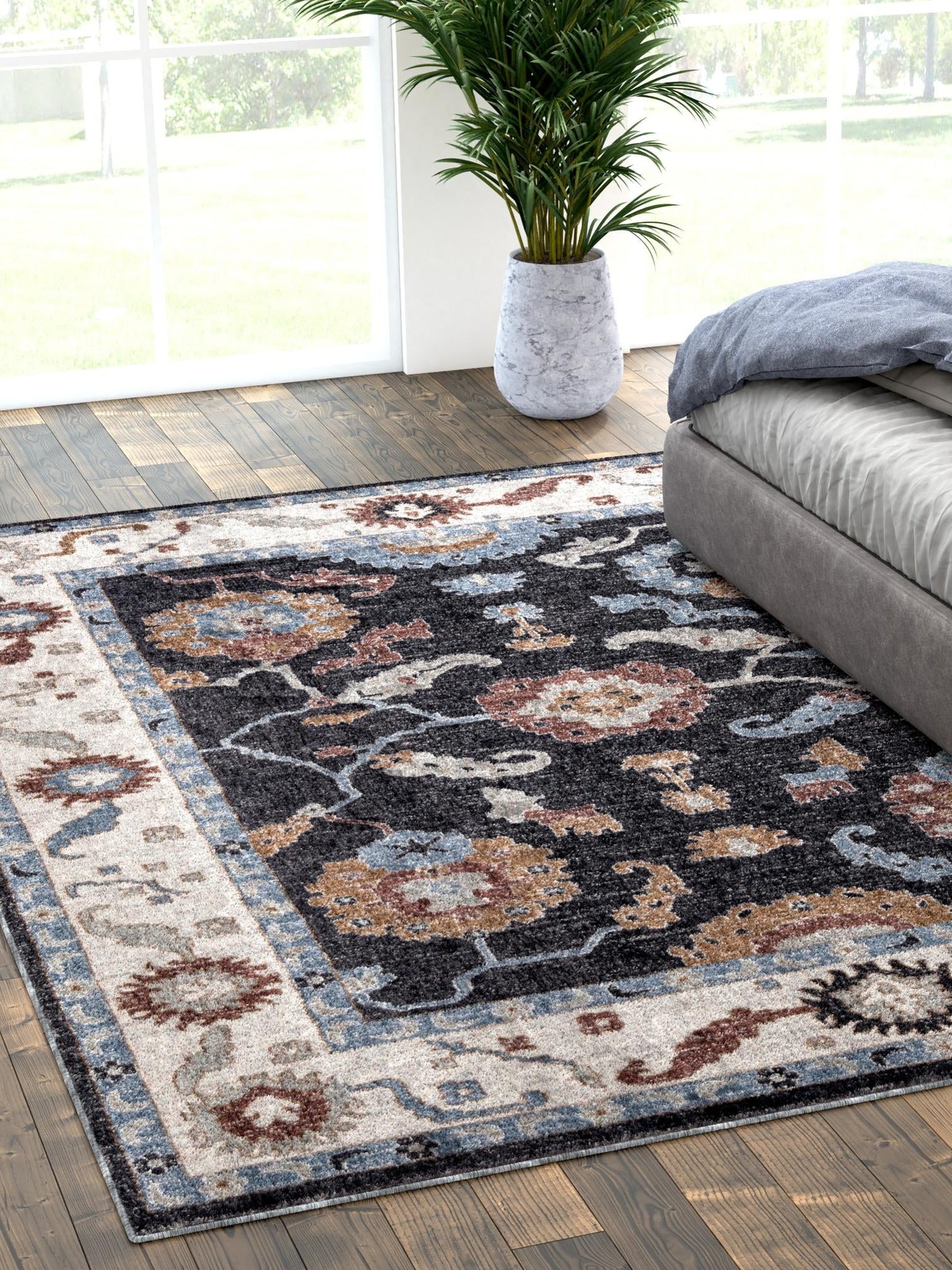 Charcoal Gray 2' x 3' Eco Traditional Rectangle Area Rug 100% Recycled Space Dyed Polyester With Cotton Backing Classic Pattern Carpet for Living, Dining, Office Space for Sale at Rug Engine