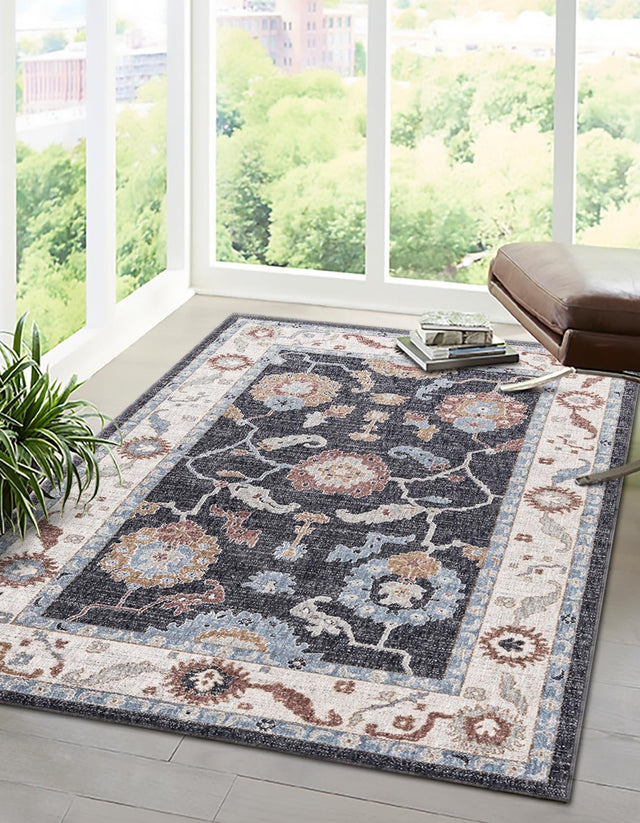 Charcoal Gray 7' 10 x 10' Eco Traditional Rectangle Area Rug 100% Recycled Space Dyed Polyester With Cotton Backing Classic Pattern Carpet for Living, Dining, Office Space for Sale at Rug Engine