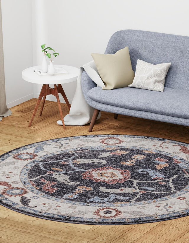 Charcoal Gray 3' 3 x 3' 3 Eco Traditional Round Area Rug 100% Recycled Space Dyed Polyester With Cotton Backing Classic Pattern Carpet for Living, Dining, Office Space for Sale at Rug Engine