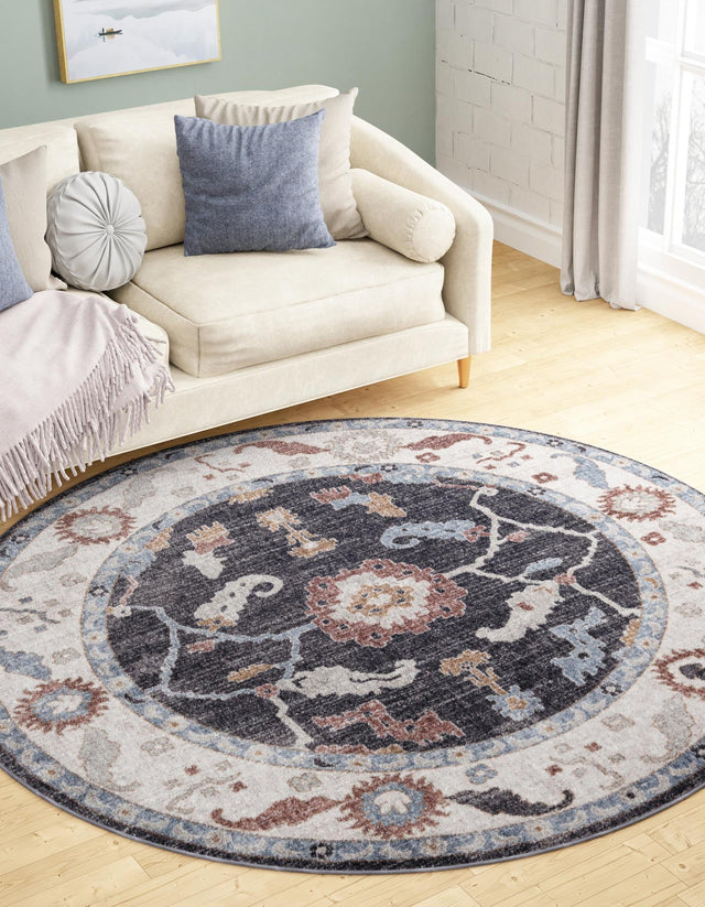 Charcoal Gray 3' 3 x 3' 3 Eco Traditional Round Area Rug 100% Recycled Space Dyed Polyester With Cotton Backing Classic Pattern Carpet for Living, Dining, Office Space for Sale at Rug Engine