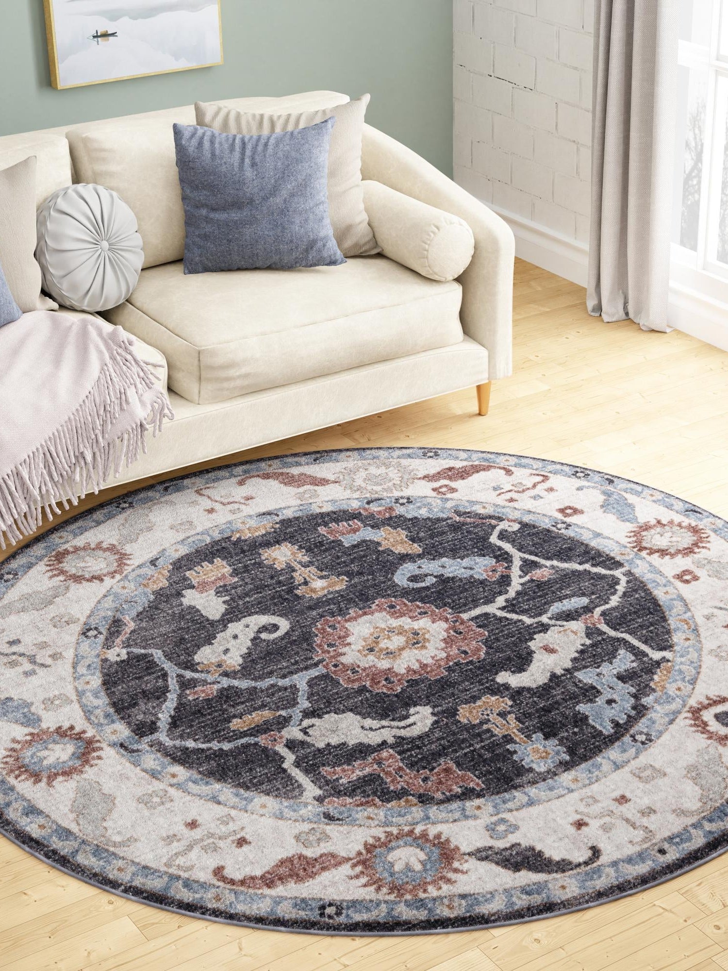 Charcoal Gray 7' x 7' Eco Traditional Round Area Rug 100% Recycled Space Dyed Polyester With Cotton Backing Classic Pattern Carpet for Living, Dining, Office Space for Sale at Rug Engine