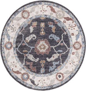 Charcoal Gray 7' x 7' Eco Traditional Round Area Rug 100% Recycled Space Dyed Polyester With Cotton Backing Classic Pattern Carpet for Living, Dining, Office Space for Sale at Rug Engine