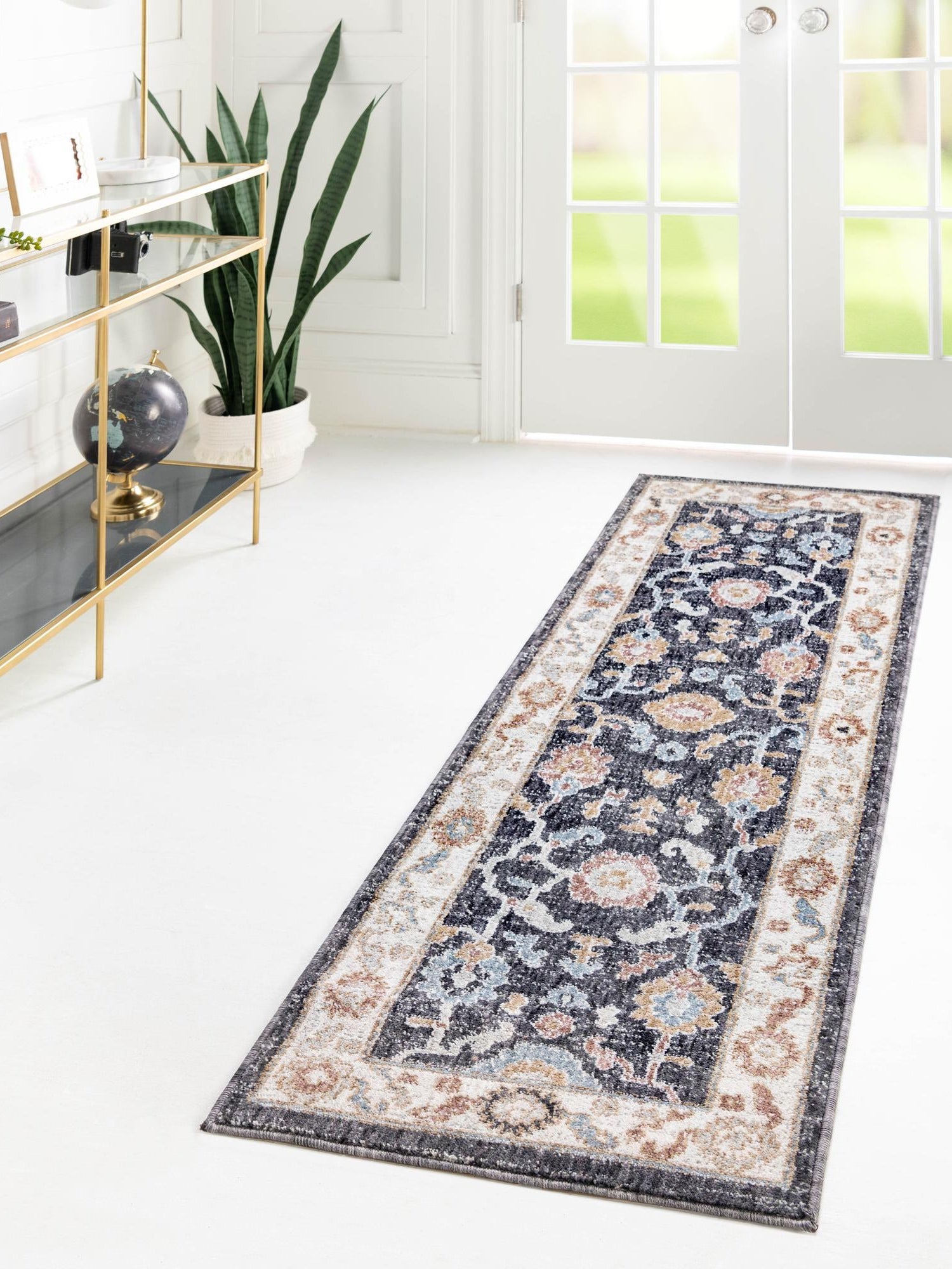 Charcoal Gray 2' x 8' Eco Traditional Runner Area Rug 100% Recycled Space Dyed Polyester With Cotton Backing Classic Pattern Carpet for Living, Dining, Office Space for Sale at Rug Engine