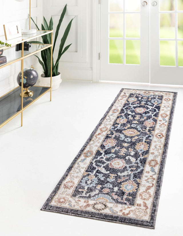 Charcoal Gray 2' x 8' Eco Traditional Runner Area Rug 100% Recycled Space Dyed Polyester With Cotton Backing Classic Pattern Carpet for Living, Dining, Office Space for Sale at Rug Engine