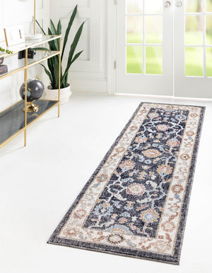 Charcoal Gray 2' 7 x 12' Eco Traditional Runner Area Rug 100% Recycled Space Dyed Polyester With Cotton Backing Classic Pattern Carpet for Living, Dining, Office Space for Sale at Rug Engine