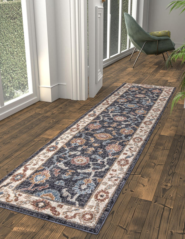 Charcoal Gray 2' 7 x 12' Eco Traditional Runner Area Rug 100% Recycled Space Dyed Polyester With Cotton Backing Classic Pattern Carpet for Living, Dining, Office Space for Sale at Rug Engine