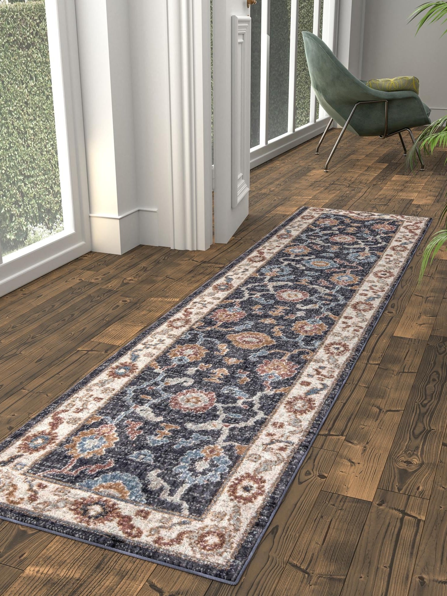 Charcoal Gray 2' x 6' Eco Traditional Runner Area Rug 100% Recycled Space Dyed Polyester With Cotton Backing Classic Pattern Carpet for Living, Dining, Office Space for Sale at Rug Engine
