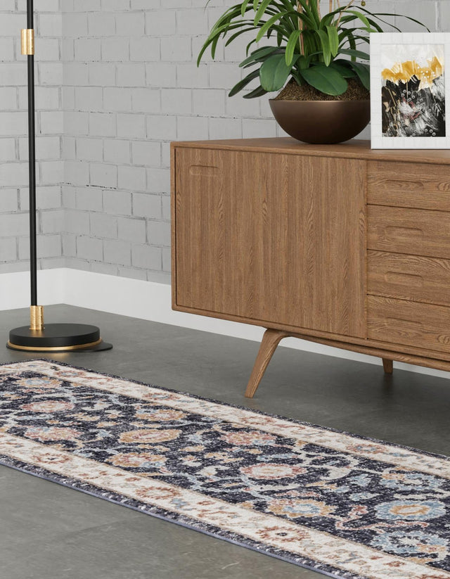 Charcoal Gray 2' 7 x 12' Eco Traditional Runner Area Rug 100% Recycled Space Dyed Polyester With Cotton Backing Classic Pattern Carpet for Living, Dining, Office Space for Sale at Rug Engine