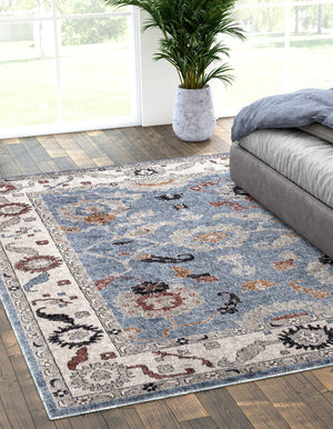 Harbor Blue 7' 10 x 10' Eco Traditional Rectangle Area Rug 100% Recycled Space Dyed Polyester With Cotton Backing Classic Pattern Carpet for Living, Dining, Office Space for Sale at Rug Engine