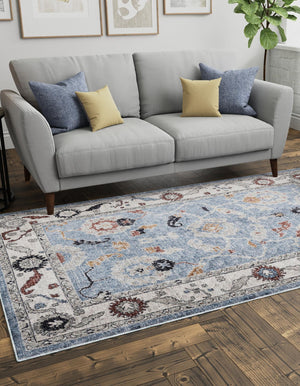 Harbor Blue 7' 10 x 10' Eco Traditional Rectangle Area Rug 100% Recycled Space Dyed Polyester With Cotton Backing Classic Pattern Carpet for Living, Dining, Office Space for Sale at Rug Engine