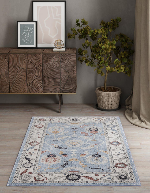 Harbor Blue 5' 3 x 8' Eco Traditional Rectangle Area Rug 100% Recycled Space Dyed Polyester With Cotton Backing Classic Pattern Carpet for Living, Dining, Office Space for Sale at Rug Engine