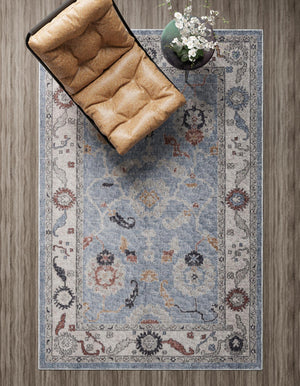 Harbor Blue 5' 3 x 8' Eco Traditional Rectangle Area Rug 100% Recycled Space Dyed Polyester With Cotton Backing Classic Pattern Carpet for Living, Dining, Office Space for Sale at Rug Engine