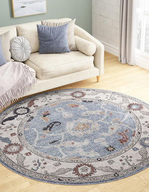 Harbor Blue 7' x 7' Eco Traditional Round Area Rug 100% Recycled Space Dyed Polyester With Cotton Backing Classic Pattern Carpet for Living, Dining, Office Space for Sale at Rug Engine