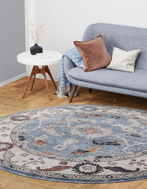 Harbor Blue 7' x 7' Eco Traditional Round Area Rug 100% Recycled Space Dyed Polyester With Cotton Backing Classic Pattern Carpet for Living, Dining, Office Space for Sale at Rug Engine