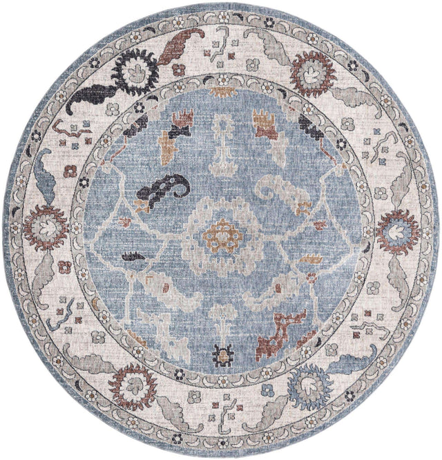 Harbor Blue 7' x 7' Eco Traditional Round Area Rug 100% Recycled Space Dyed Polyester With Cotton Backing Classic Pattern Carpet for Living, Dining, Office Space for Sale at Rug Engine
