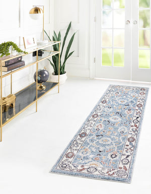 Harbor Blue 2' x 8' Eco Traditional Runner Area Rug 100% Recycled Space Dyed Polyester With Cotton Backing Classic Pattern Carpet for Living, Dining, Office Space for Sale at Rug Engine
