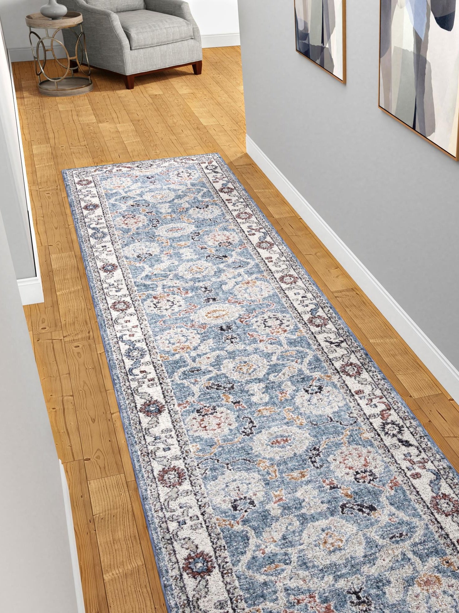 Harbor Blue 2' x 8' Eco Traditional Runner Area Rug 100% Recycled Space Dyed Polyester With Cotton Backing Classic Pattern Carpet for Living, Dining, Office Space for Sale at Rug Engine