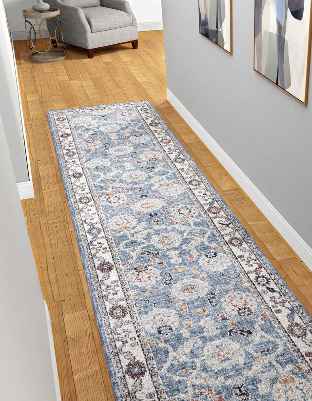 Harbor Blue 2' x 8' Eco Traditional Runner Area Rug 100% Recycled Space Dyed Polyester With Cotton Backing Classic Pattern Carpet for Living, Dining, Office Space for Sale at Rug Engine