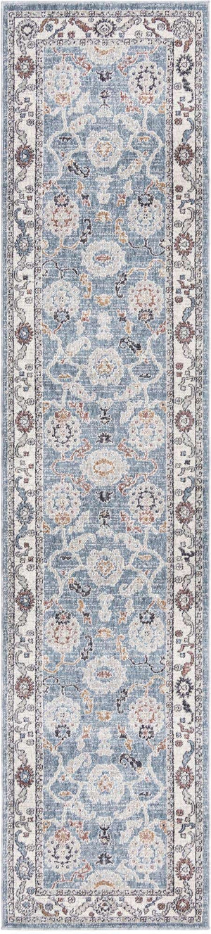 Harbor Blue 2' 7 x 12' Eco Traditional Runner Area Rug 100% Recycled Space Dyed Polyester With Cotton Backing Classic Pattern Carpet for Living, Dining, Office Space for Sale at Rug Engine