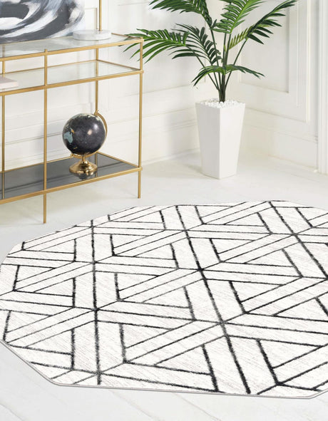 White 5' 3 x 5' 3 Matrix Trellis Octagon Area Rug 100% Polyester Geometric Pattern Modern Carpet for Living, Dining, Bedroom, Office for Sale at Rug Engine