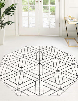 White 5' 3 x 5' 3 Matrix Trellis Octagon Area Rug 100% Polyester Geometric Pattern Modern Carpet for Living, Dining, Bedroom, Office for Sale at Rug Engine
