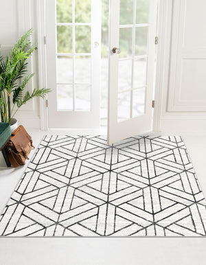 White 7' 10 x 7' 10 Matrix Trellis Square Area Rug 100% Polyester Geometric Pattern Modern Carpet for Living, Dining, Bedroom, Office for Sale at Rug Engine