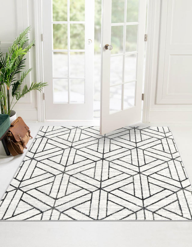 White 7' x 7' Matrix Trellis Square Area Rug 100% Polyester Geometric Pattern Modern Carpet for Living, Dining, Bedroom, Office for Sale at Rug Engine
