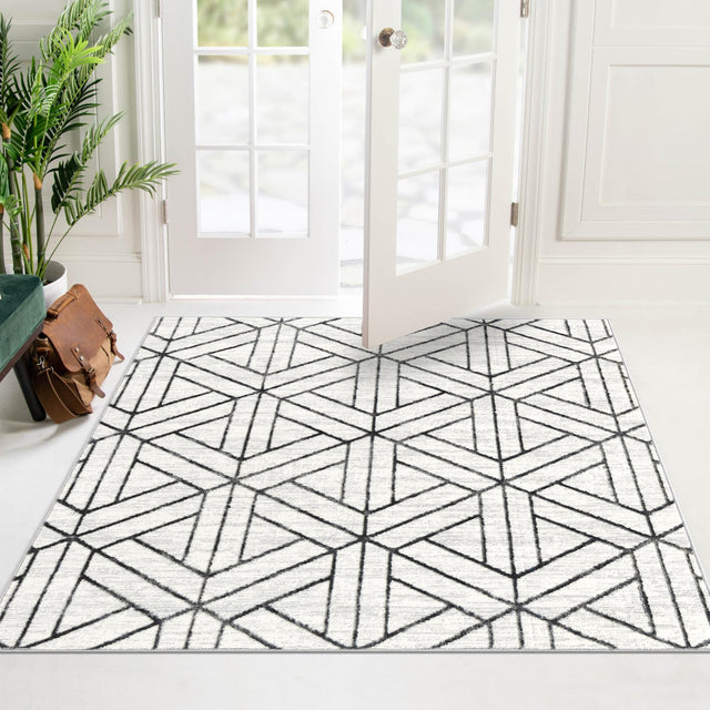 White 7' 10 x 7' 10 Matrix Trellis Square Area Rug 100% Polyester Geometric Pattern Modern Carpet for Living, Dining, Bedroom, Office for Sale at Rug Engine