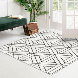 White 7' 10 x 7' 10 Matrix Trellis Square Area Rug 100% Polyester Geometric Pattern Modern Carpet for Living, Dining, Bedroom, Office for Sale at Rug Engine