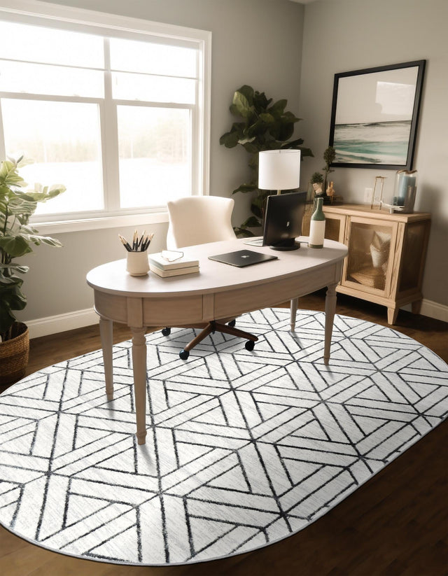 White 5' 3 x 8' Matrix Trellis Oval Area Rug 100% Polyester Geometric Pattern Modern Carpet for Living, Dining, Bedroom, Office for Sale at Rug Engine