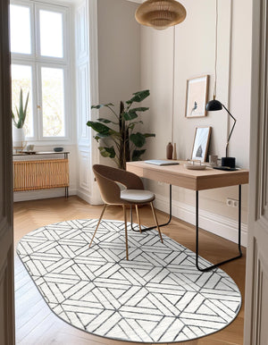 White 5' 3 x 8' Matrix Trellis Oval Area Rug 100% Polyester Geometric Pattern Modern Carpet for Living, Dining, Bedroom, Office for Sale at Rug Engine