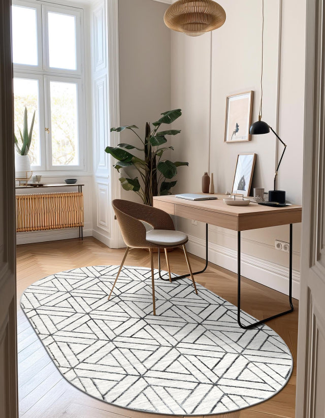 White 5' 3 x 8' Matrix Trellis Oval Area Rug 100% Polyester Geometric Pattern Modern Carpet for Living, Dining, Bedroom, Office for Sale at Rug Engine
