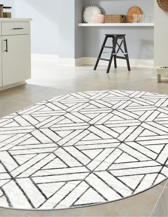 White 5' 3 x 8' Matrix Trellis Oval Area Rug 100% Polyester Geometric Pattern Modern Carpet for Living, Dining, Bedroom, Office for Sale at Rug Engine