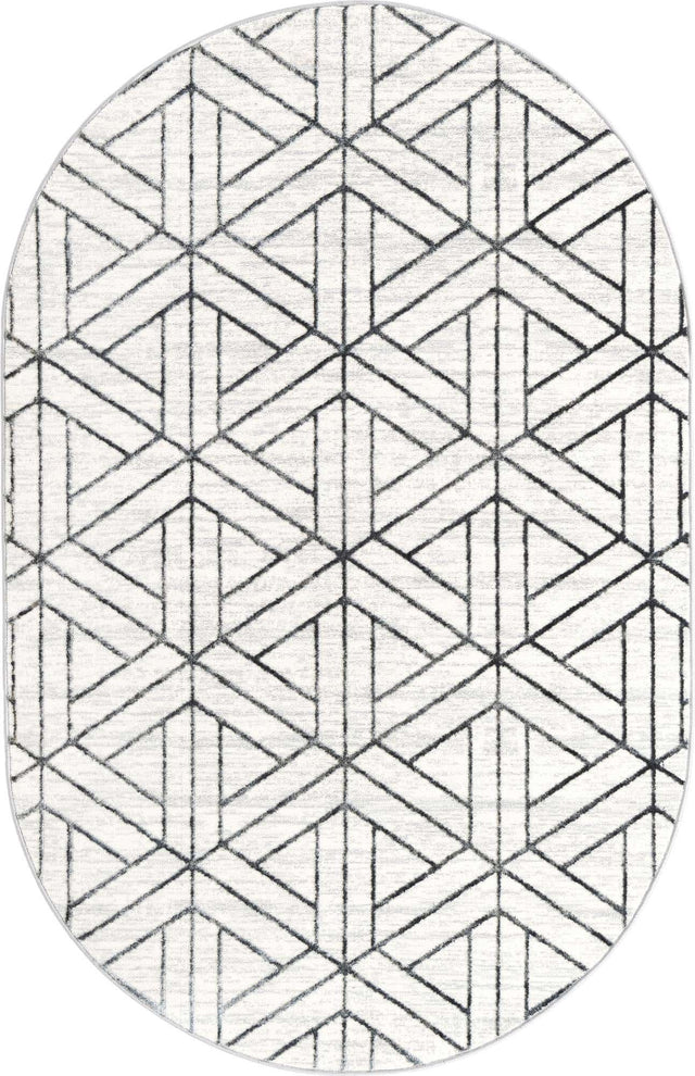 White 5' 3 x 8' Matrix Trellis Oval Area Rug 100% Polyester Geometric Pattern Modern Carpet for Living, Dining, Bedroom, Office for Sale at Rug Engine