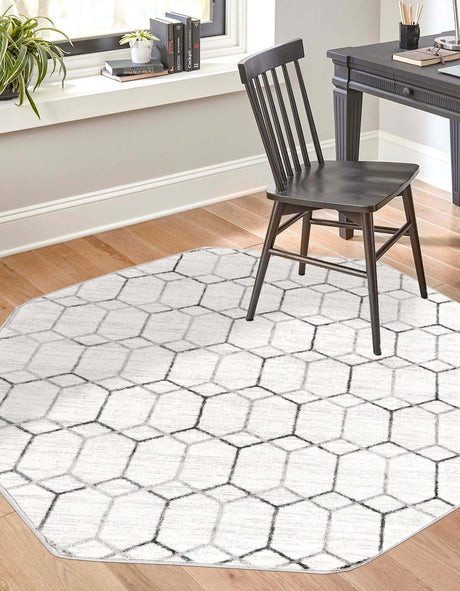 White 5' 3 x 5' 3 Matrix Trellis Octagon Area Rug 100% Polyester Geometric Pattern Modern Carpet for Living, Dining, Bedroom, Office for Sale at Rug Engine