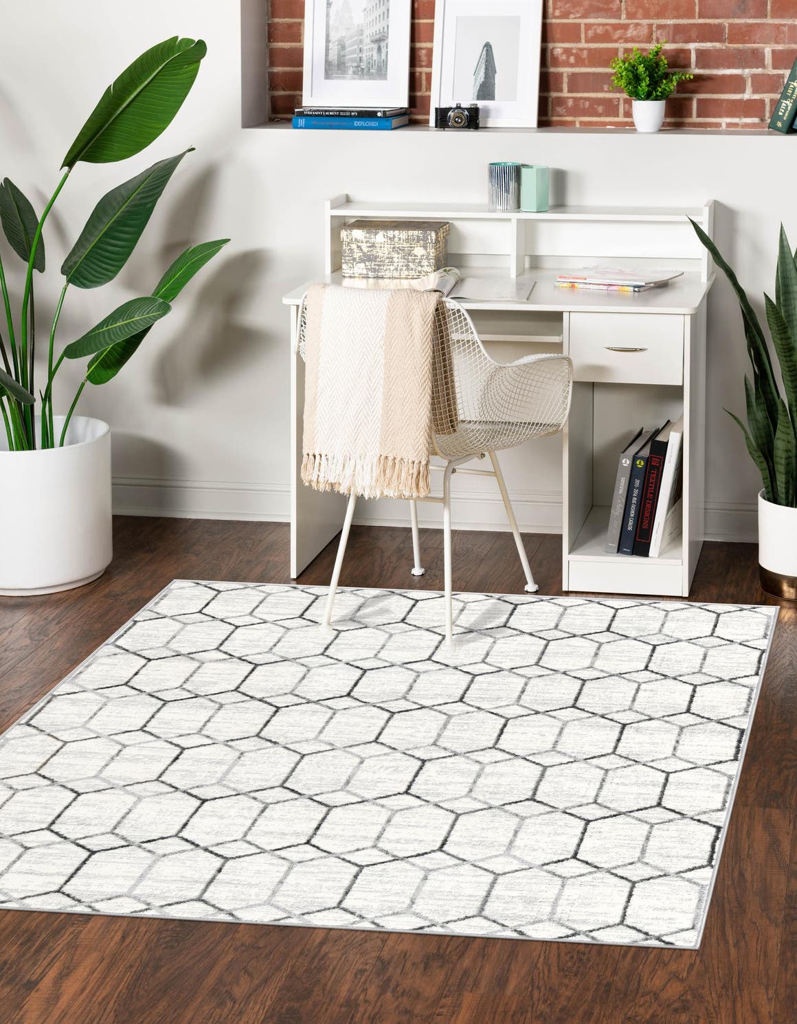 White 7' x 7' Matrix Trellis Square Area Rug 100% Polyester Geometric Pattern Modern Carpet for Living, Dining, Bedroom, Office for Sale at Rug Engine