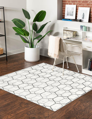 White 7' x 7' Matrix Trellis Square Area Rug 100% Polyester Geometric Pattern Modern Carpet for Living, Dining, Bedroom, Office for Sale at Rug Engine