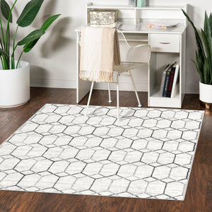 White 7' x 7' Matrix Trellis Square Area Rug 100% Polyester Geometric Pattern Modern Carpet for Living, Dining, Bedroom, Office for Sale at Rug Engine