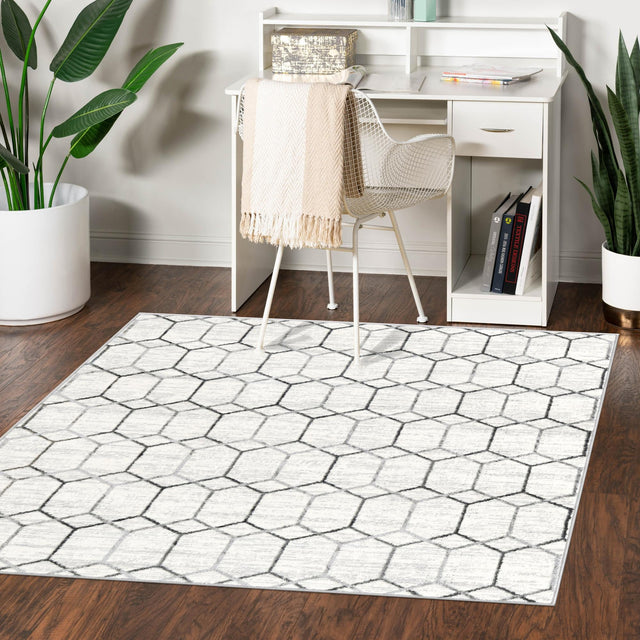 White 7' x 7' Matrix Trellis Square Area Rug 100% Polyester Geometric Pattern Modern Carpet for Living, Dining, Bedroom, Office for Sale at Rug Engine