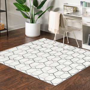White 7' x 7' Matrix Trellis Square Area Rug 100% Polyester Geometric Pattern Modern Carpet for Living, Dining, Bedroom, Office for Sale at Rug Engine