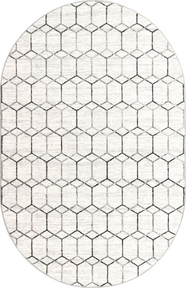 White 5' 3 x 8' Matrix Trellis Oval Area Rug 100% Polyester Geometric Pattern Modern Carpet for Living, Dining, Bedroom, Office for Sale at Rug Engine