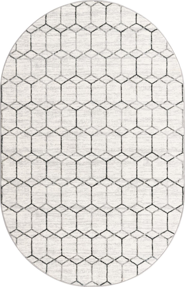 White 5' 3 x 8' Matrix Trellis Oval Area Rug 100% Polyester Geometric Pattern Modern Carpet for Living, Dining, Bedroom, Office for Sale at Rug Engine