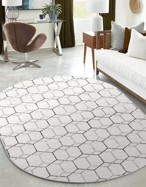 White 5' 3 x 8' Matrix Trellis Oval Area Rug 100% Polyester Geometric Pattern Modern Carpet for Living, Dining, Bedroom, Office for Sale at Rug Engine