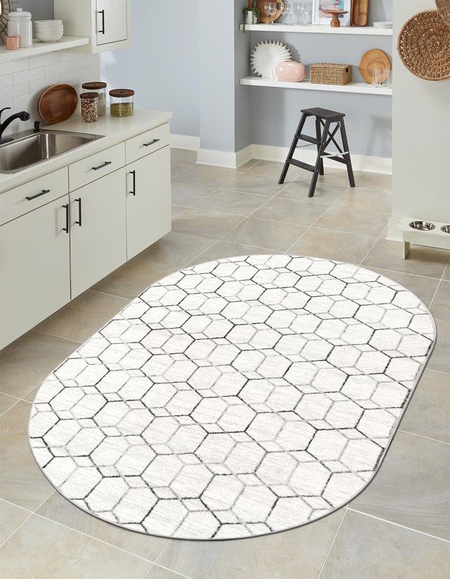 White 5' 3 x 8' Matrix Trellis Oval Area Rug 100% Polyester Geometric Pattern Modern Carpet for Living, Dining, Bedroom, Office for Sale at Rug Engine