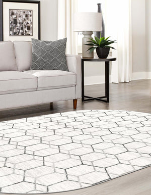 White 5' 3 x 8' Matrix Trellis Oval Area Rug 100% Polyester Geometric Pattern Modern Carpet for Living, Dining, Bedroom, Office for Sale at Rug Engine