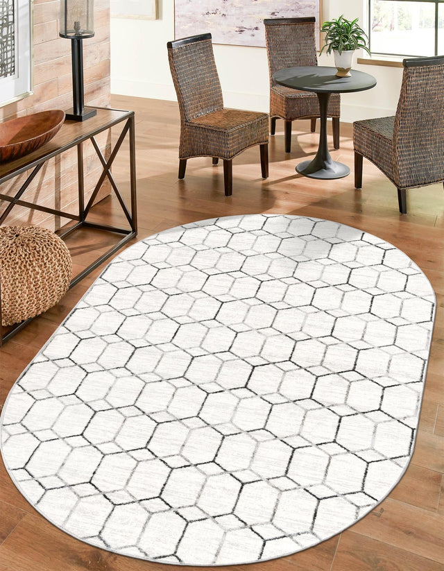 White 5' 3 x 8' Matrix Trellis Oval Area Rug 100% Polyester Geometric Pattern Modern Carpet for Living, Dining, Bedroom, Office for Sale at Rug Engine