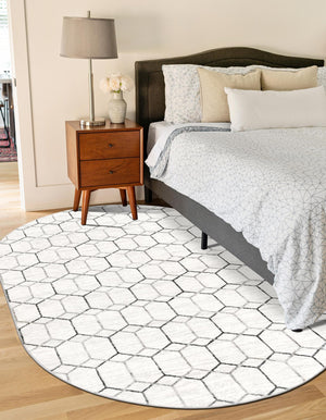 White 5' 3 x 8' Matrix Trellis Oval Area Rug 100% Polyester Geometric Pattern Modern Carpet for Living, Dining, Bedroom, Office for Sale at Rug Engine
